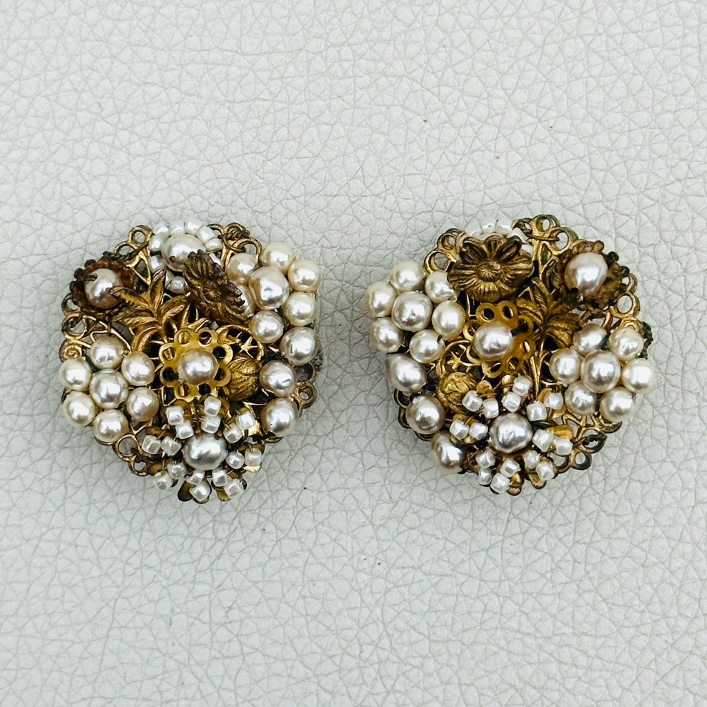 Rare Vintage Miriam Haskell Faux Pearl And Gold Clip On Earrings